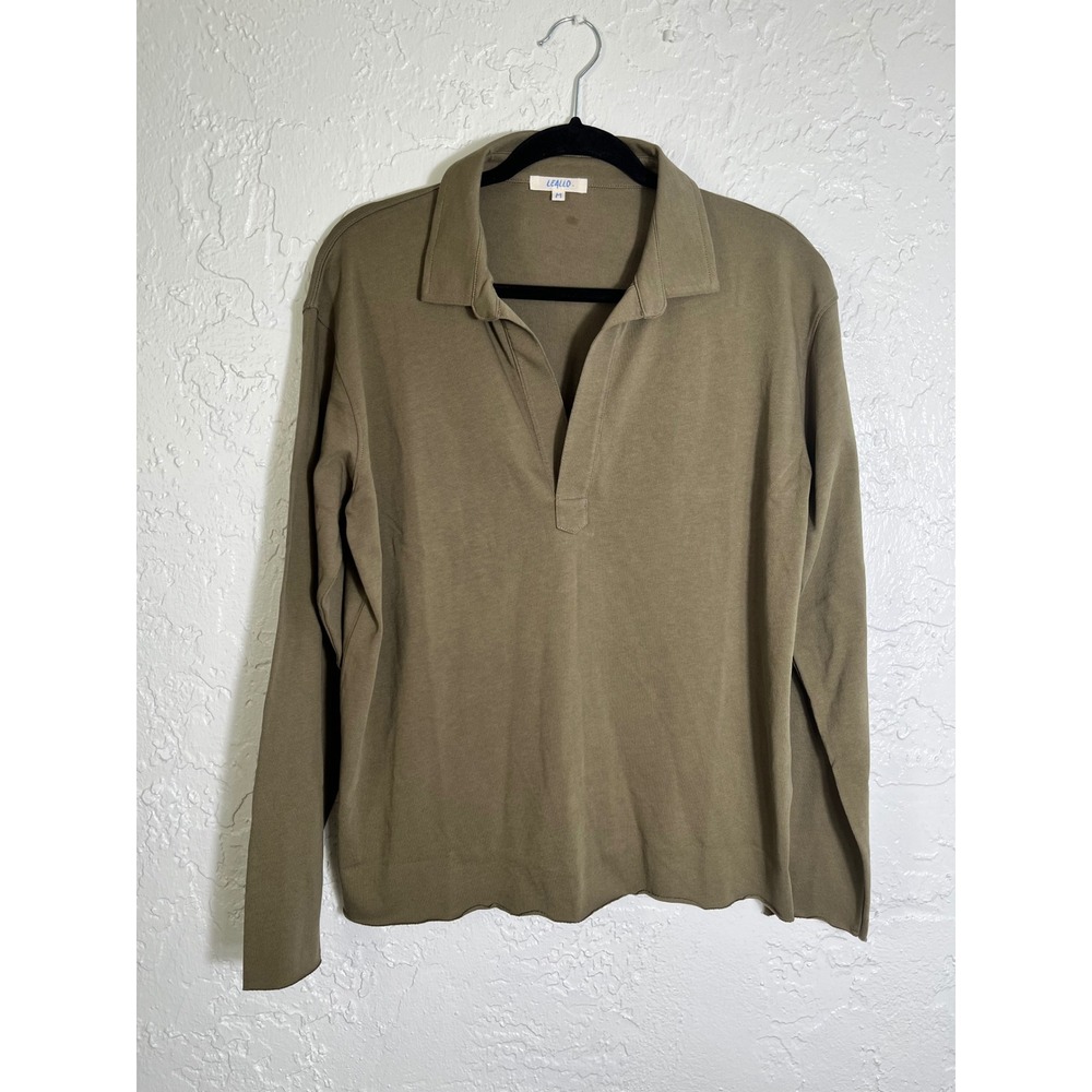 Leallo Women Olive Green Cotton Long‎ Sleeve Polo Shirt Split Neck Size M Peru